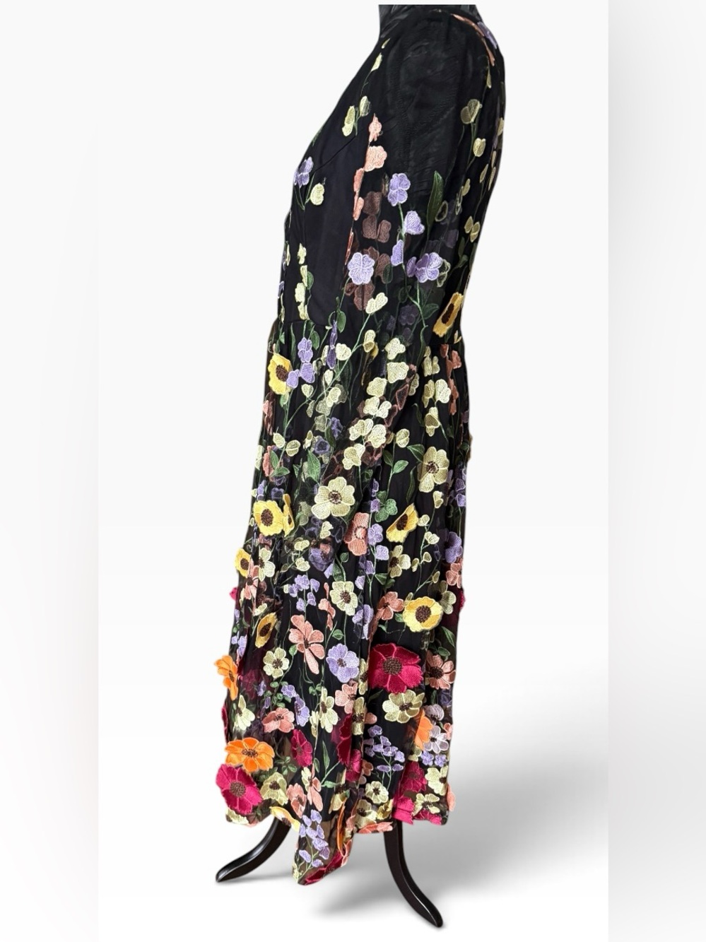 Lulus Black Floral Embroidered Sheer Sleeve Midi Dress Large - Picture 4 of 11